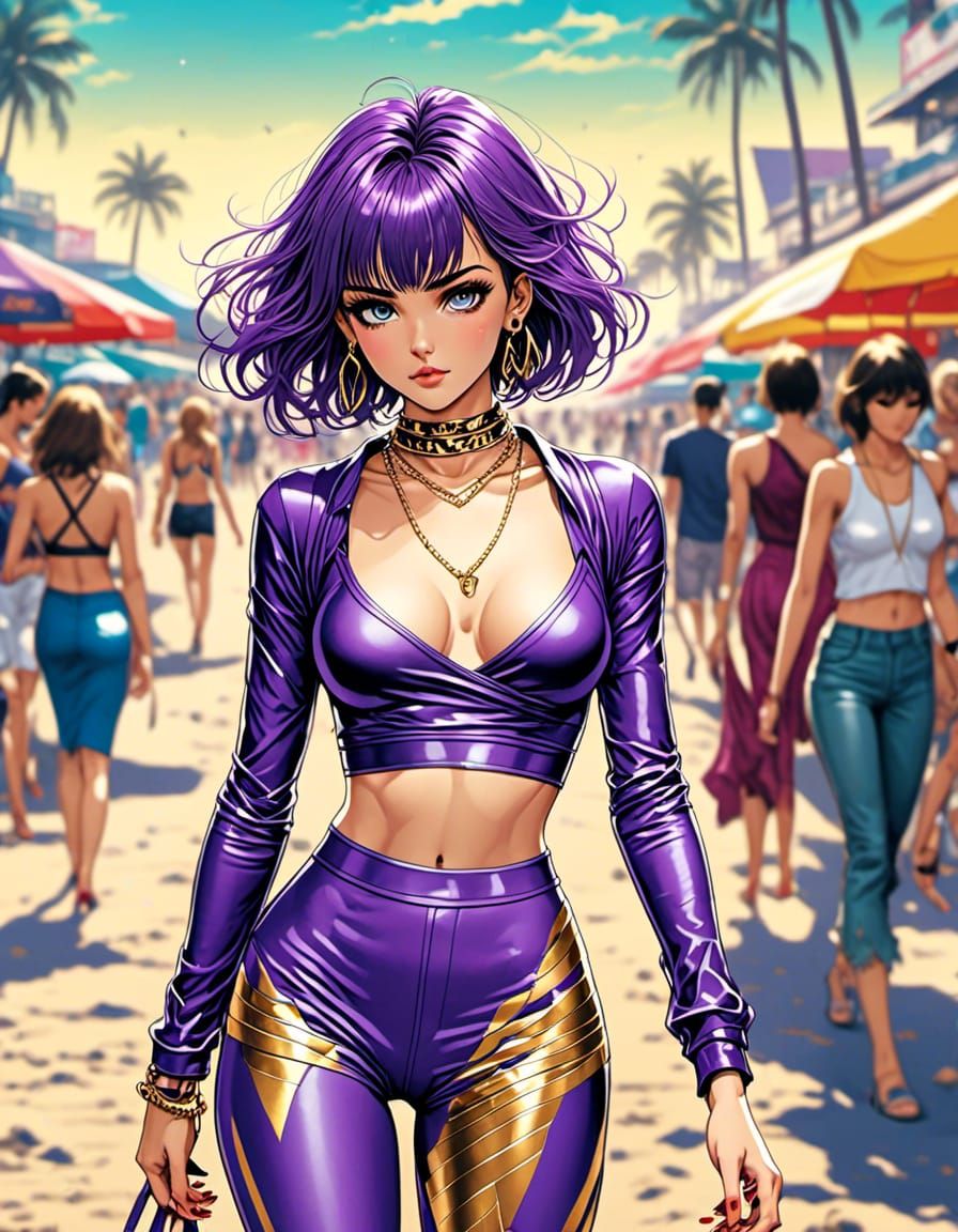 <lora:fAshionanime:1.0> <lora:BRZs80sAnimeV1:1.0> Gorgeous beauty strolling beachside with punky hair wearing attractive violet criss cross...