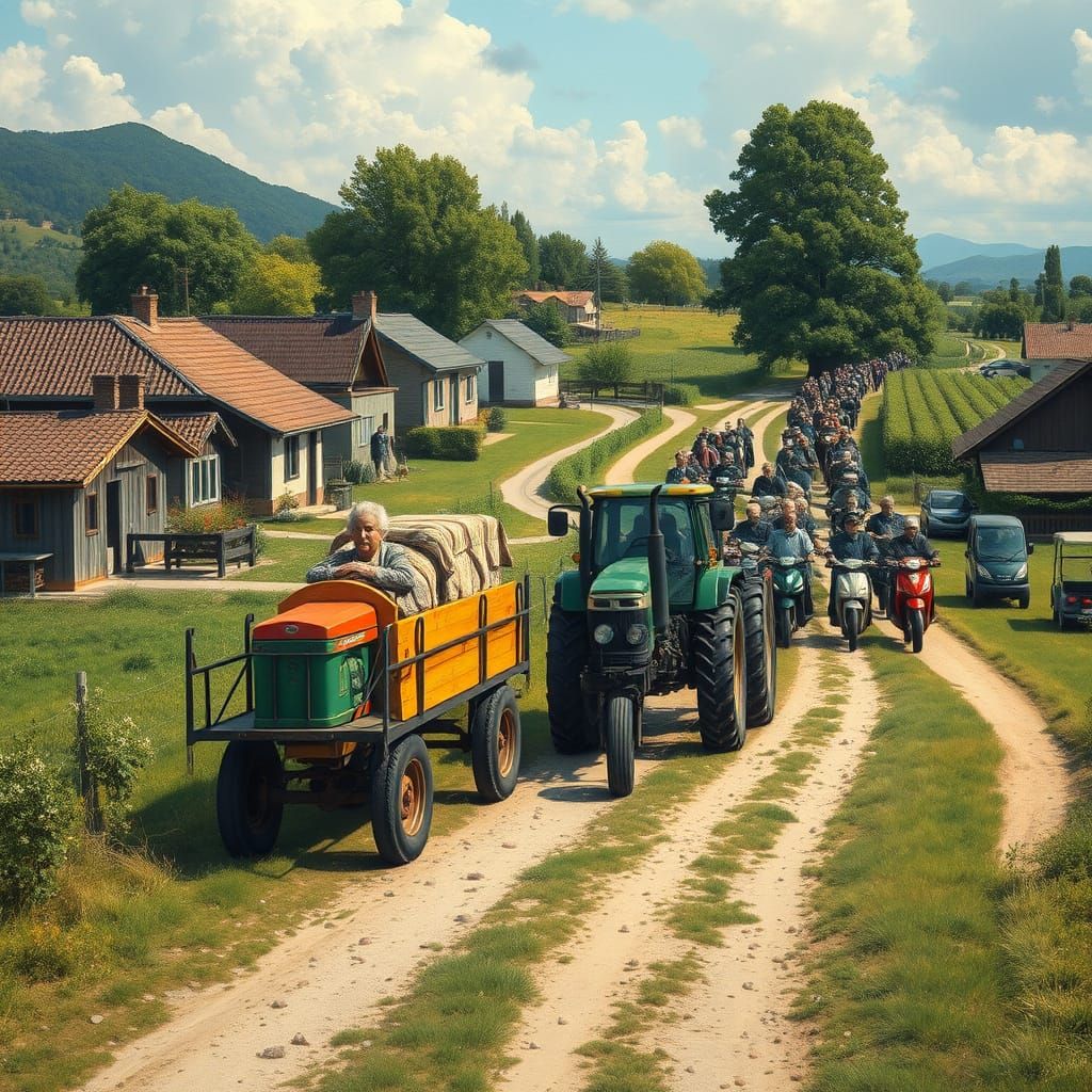 Surreal Funeral Procession in Vibrant Village
