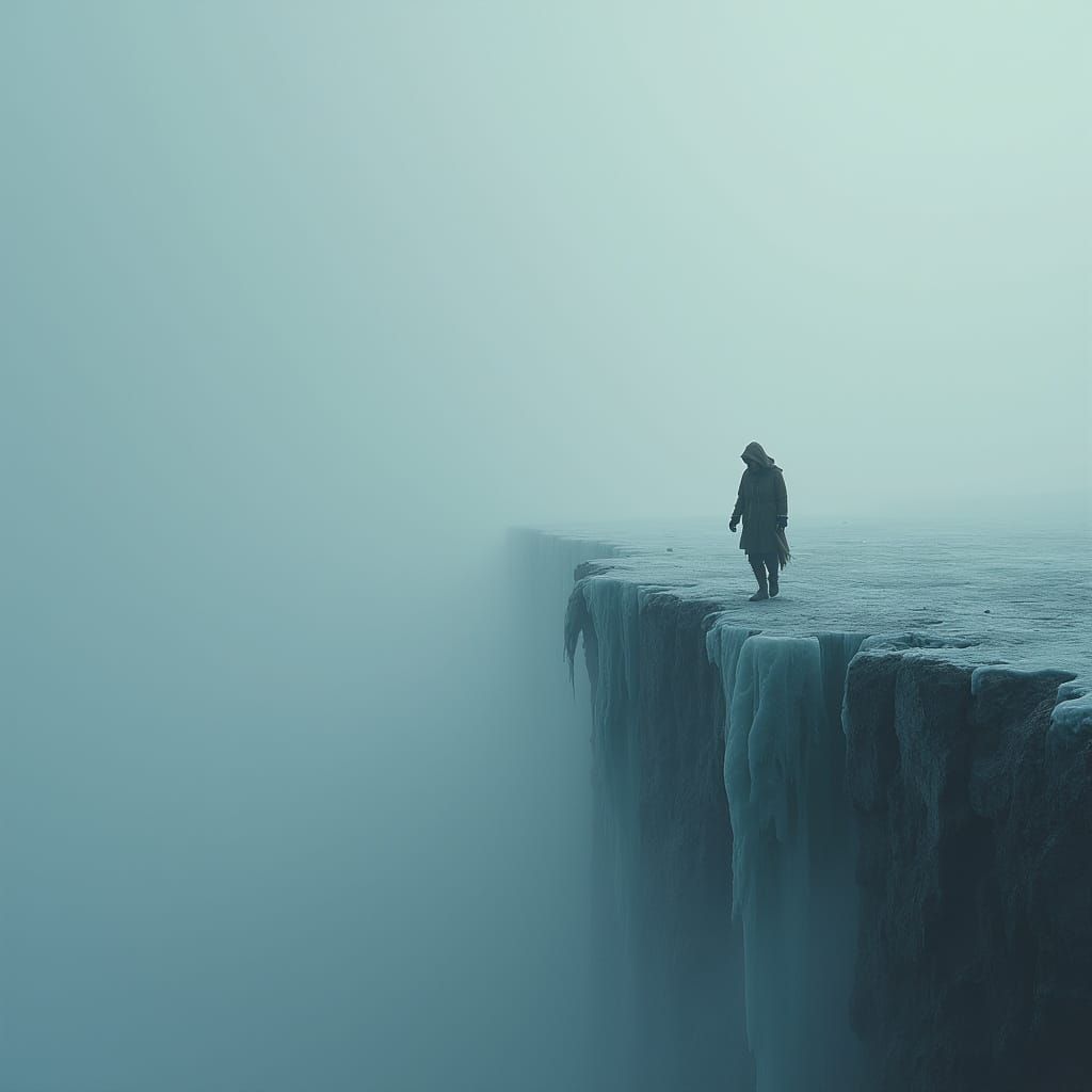 Impressionistic realism. A lone figure walks slowly along a jagged, ice-like precipice, nearly engulfed ...  by @soliman saba