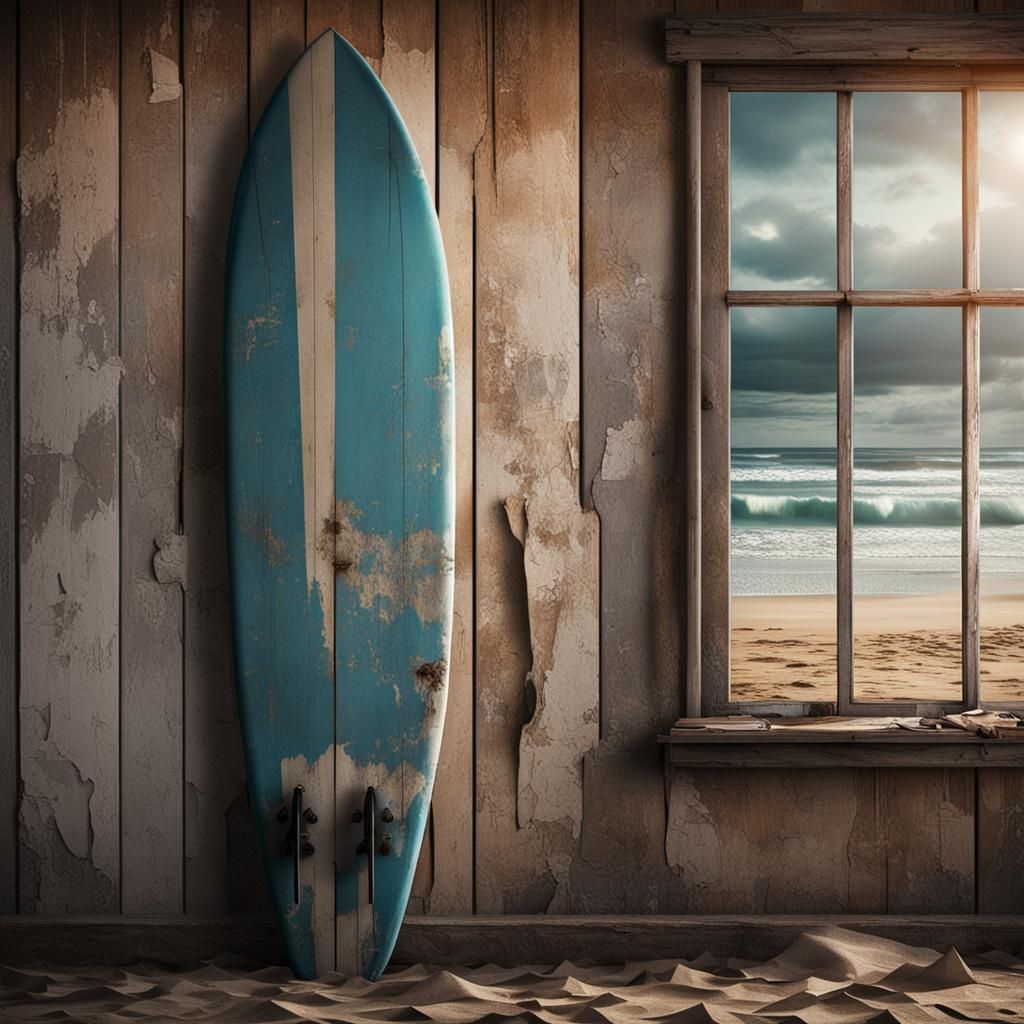 On the ocean beach a weathered wooden wall with a beat up surf board leaning against the wall next to ...  by @Frazer-Hambrick