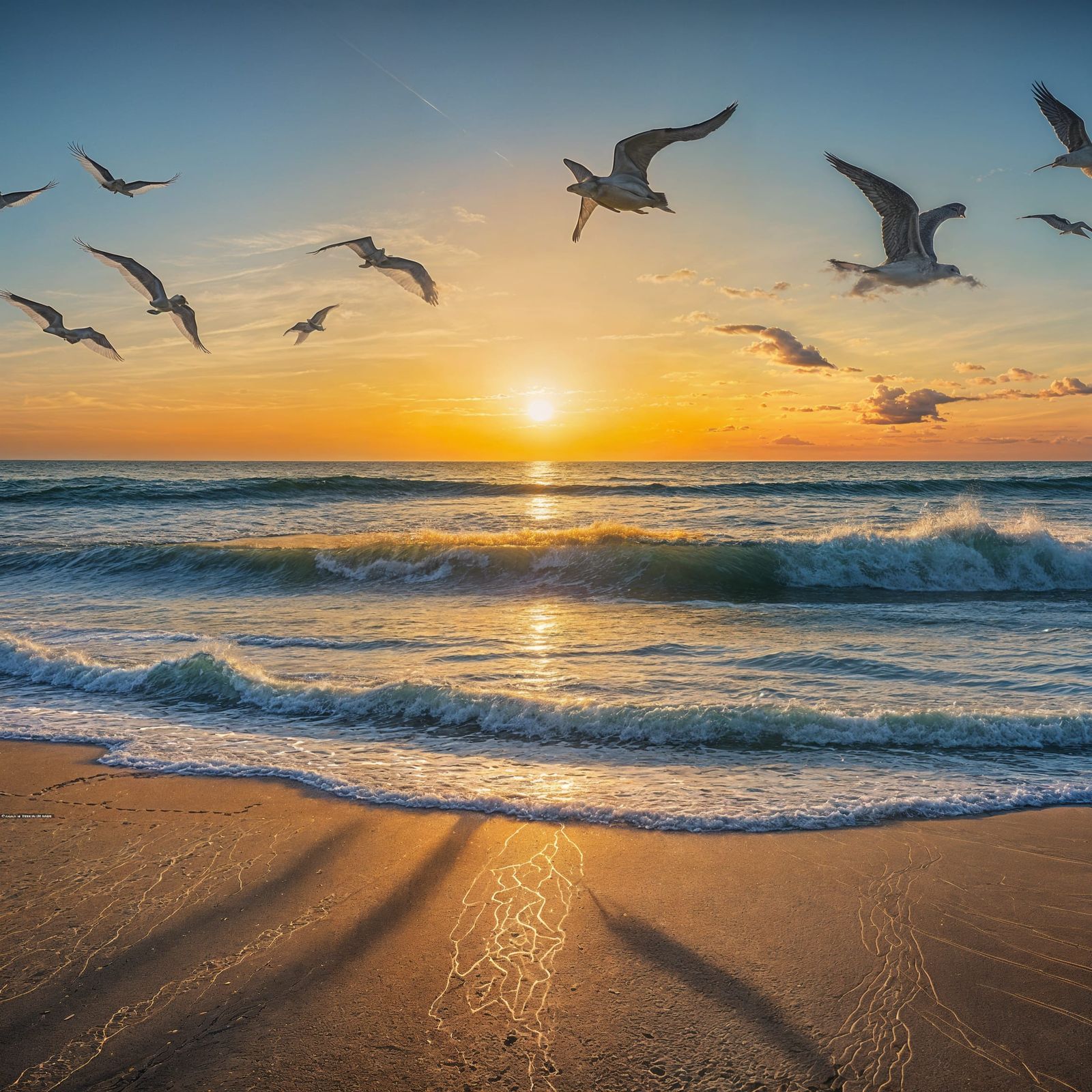 A flock of seagulls over the sea shore