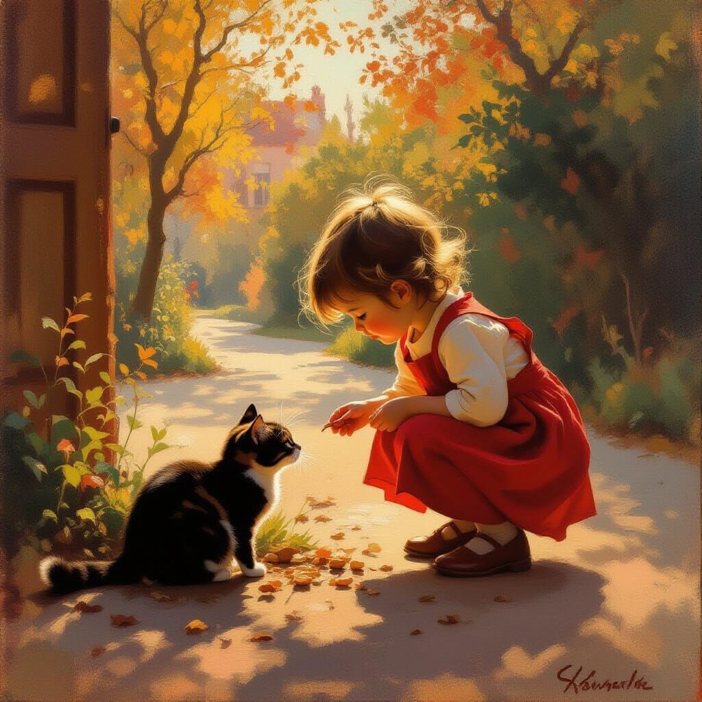 Child Feeds Stray Cat in Warm Afternoon Light