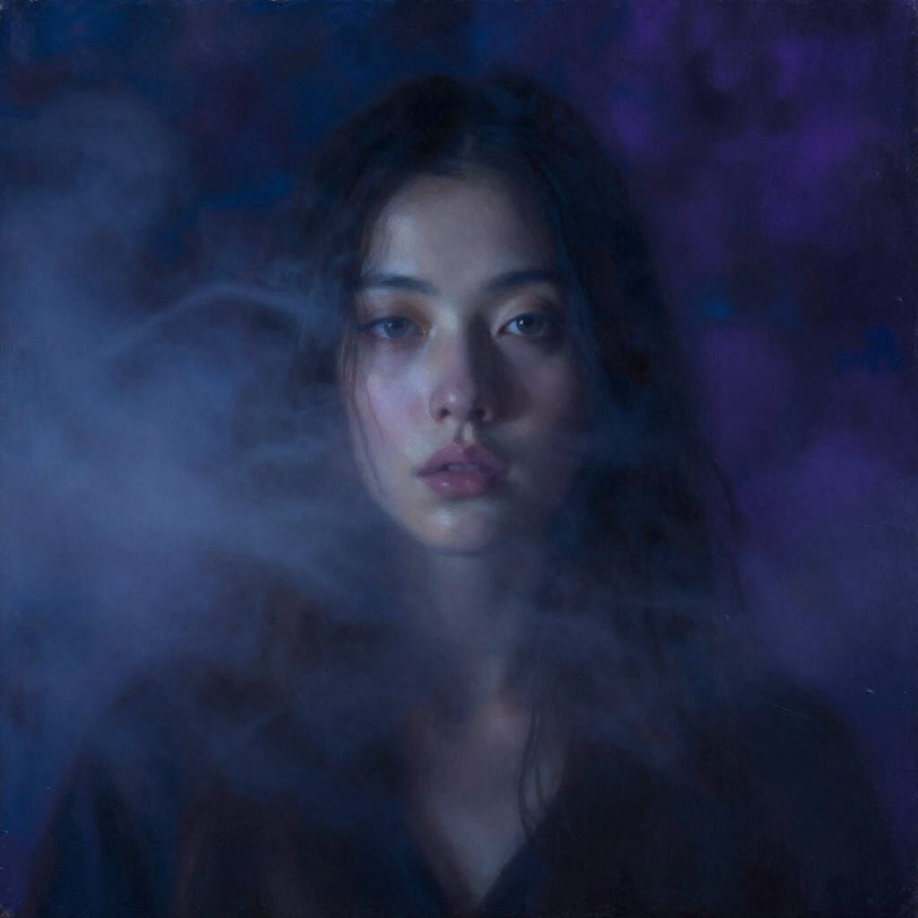 A haunting portrait of a woman emerging from swirling mist, her eyes conveying a deep, untold story. The background is an abstract blur of d...