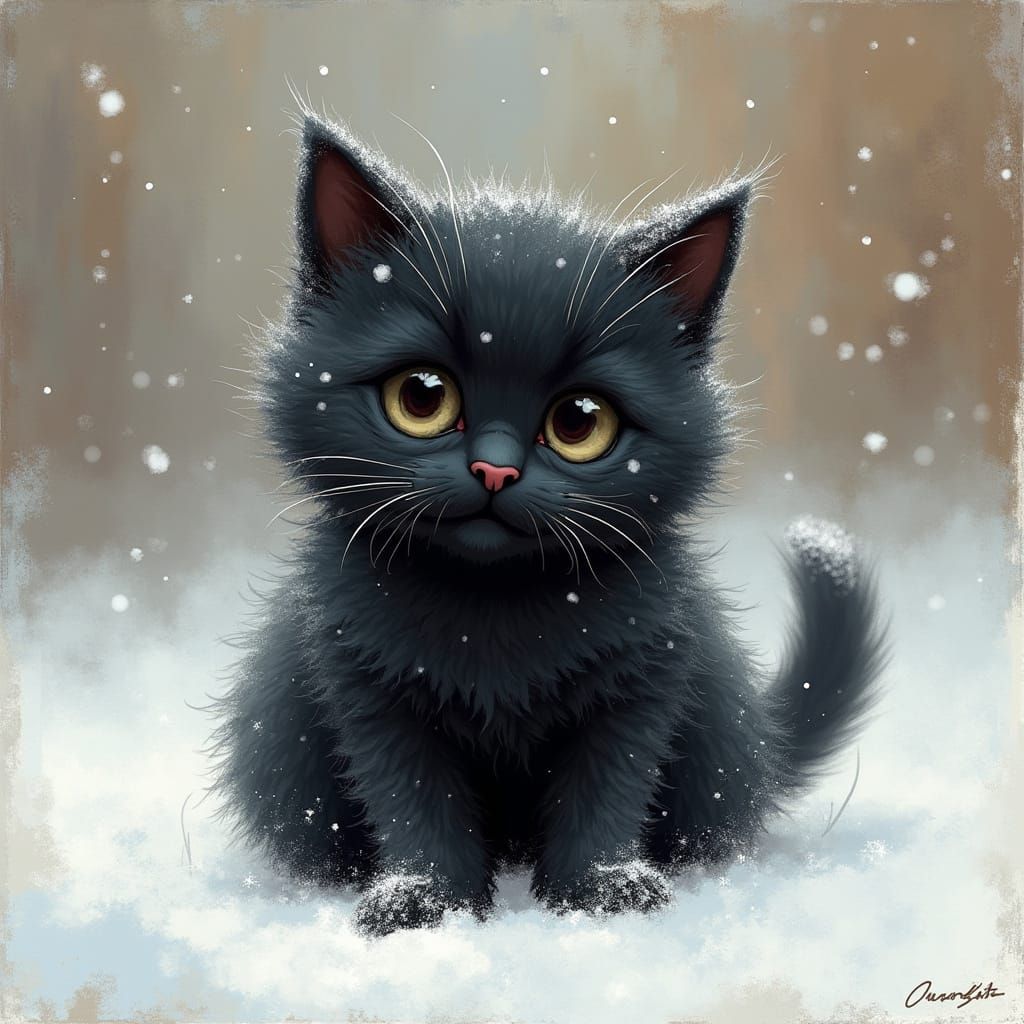 Fluffy Black Cat in Snow: Digital Impressionism