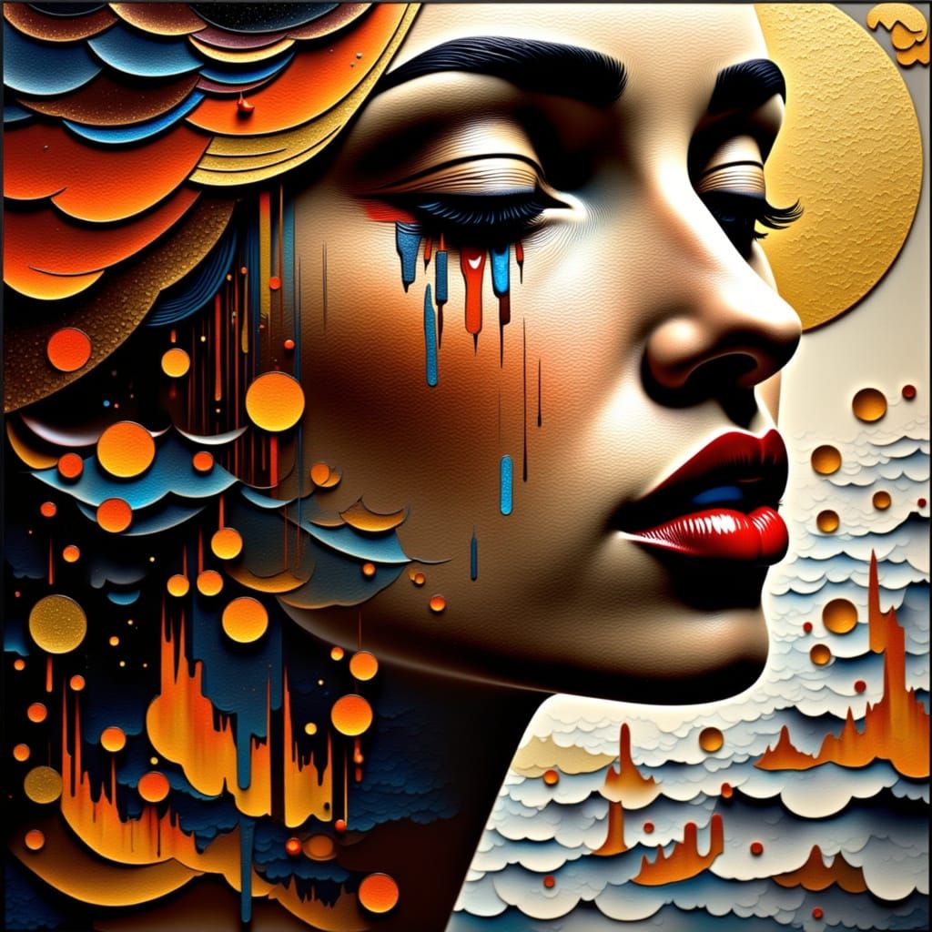 <lora:Art Duced:1.0> ""Tears of flames" The contrast between sadness and joy, darkness and light, or inner struggle. The drops on both sides...