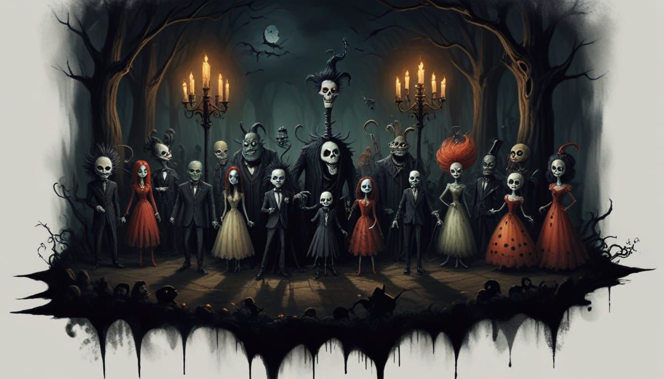 👻💀🧛🏼, Monster Party, in the style of Tim Burton, painting