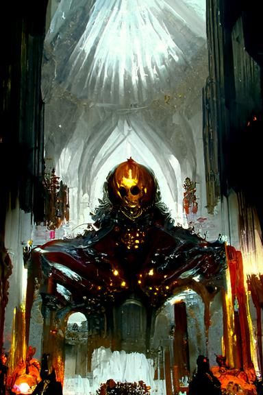 gold armoured skeleton lord standing in his throne room surr...