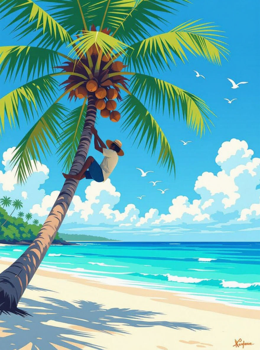 An Indonesian man is up a coconut tree, plucking coconuts. There are coconuts on the ground. It is by the beach. You can see the fine sand o...