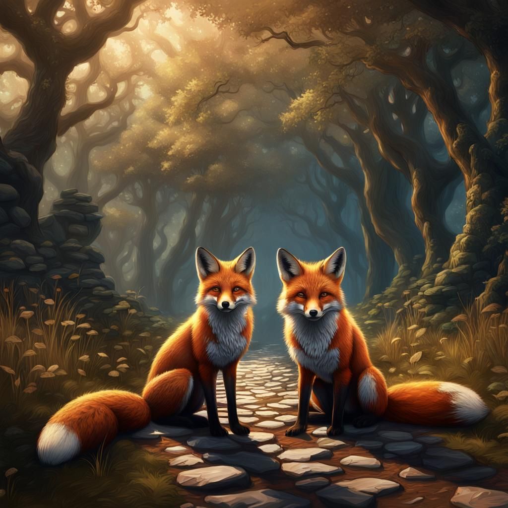 Three foxes sitting together on path,  looking not afraid at...