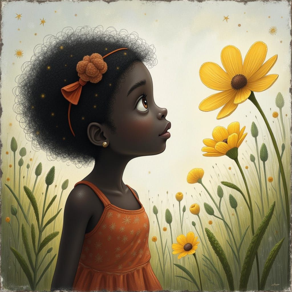realistic whimsical black little girl looking at a yellow flower, natural dark colors  <lora:EncausticPaintings:1.0>