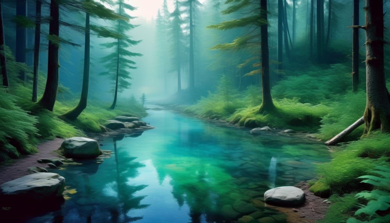 Forest bathing: hot pond in foggy forest. 