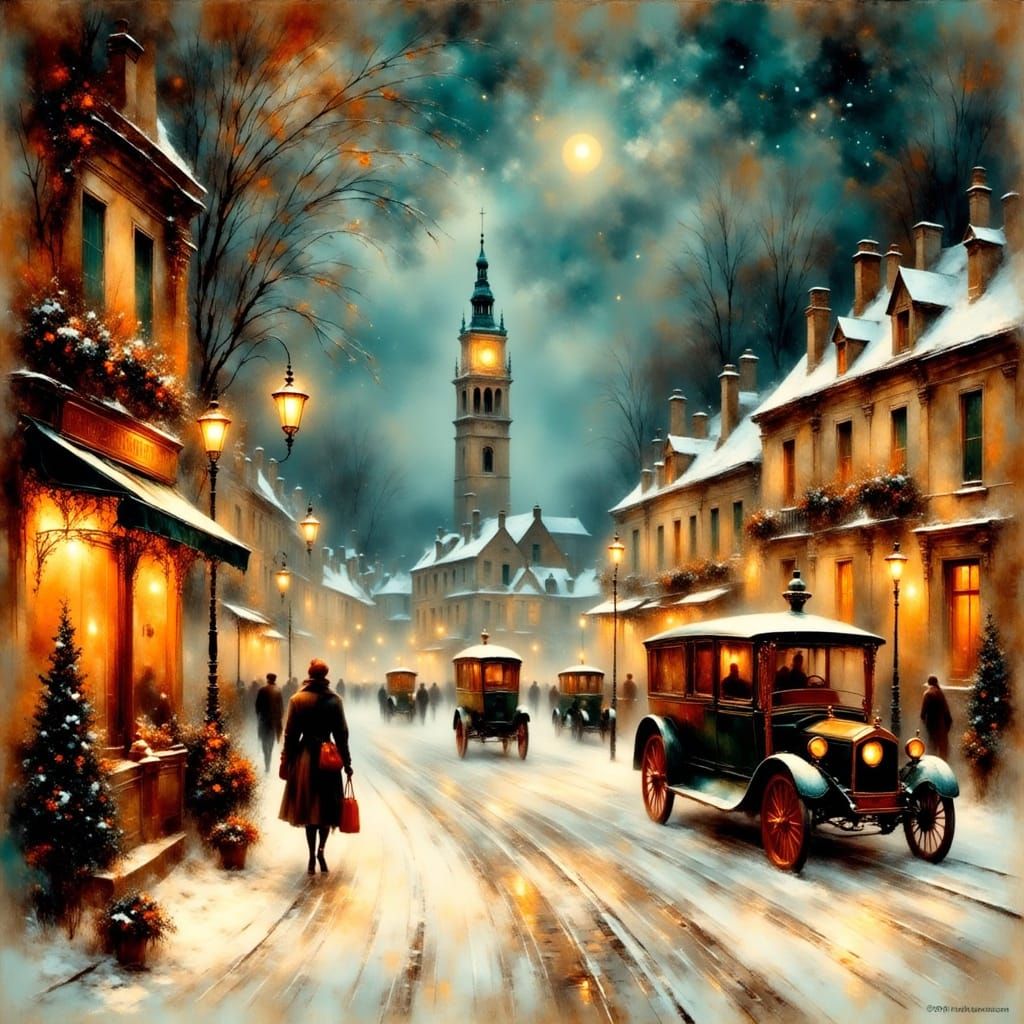 <lora:ImpressionistMusings:1.0> Un livre pop-up vintage représentant une scène de rue victorienne animée à Noël, avec des automates en papie...