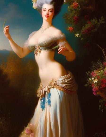 Marie-Antoinette in baroque flowery underwear  digital paint...