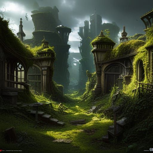 Overgrown city covered in vines and moss