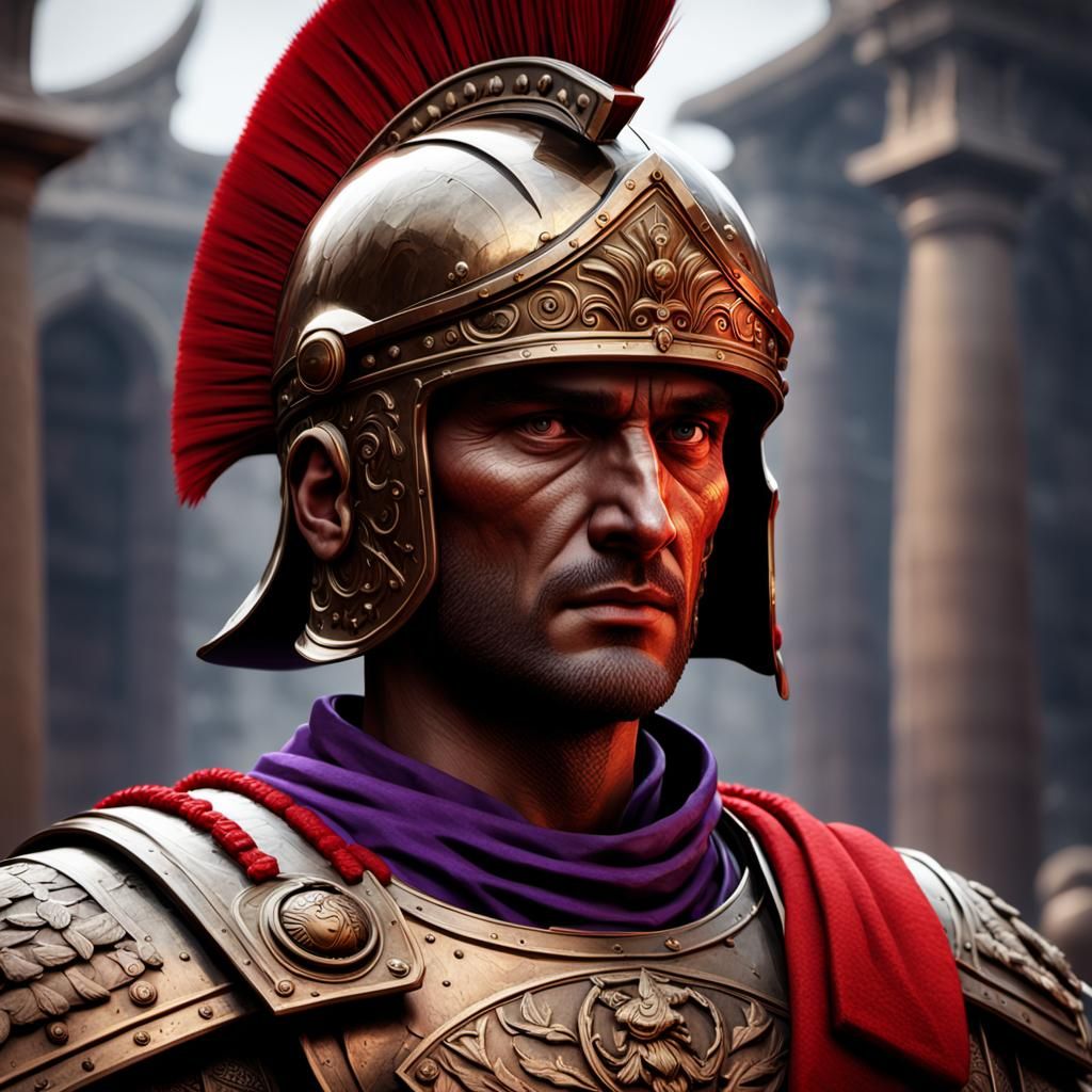 Close-up of Roman soldier wearing a bronze helmet. Red accents. a ...