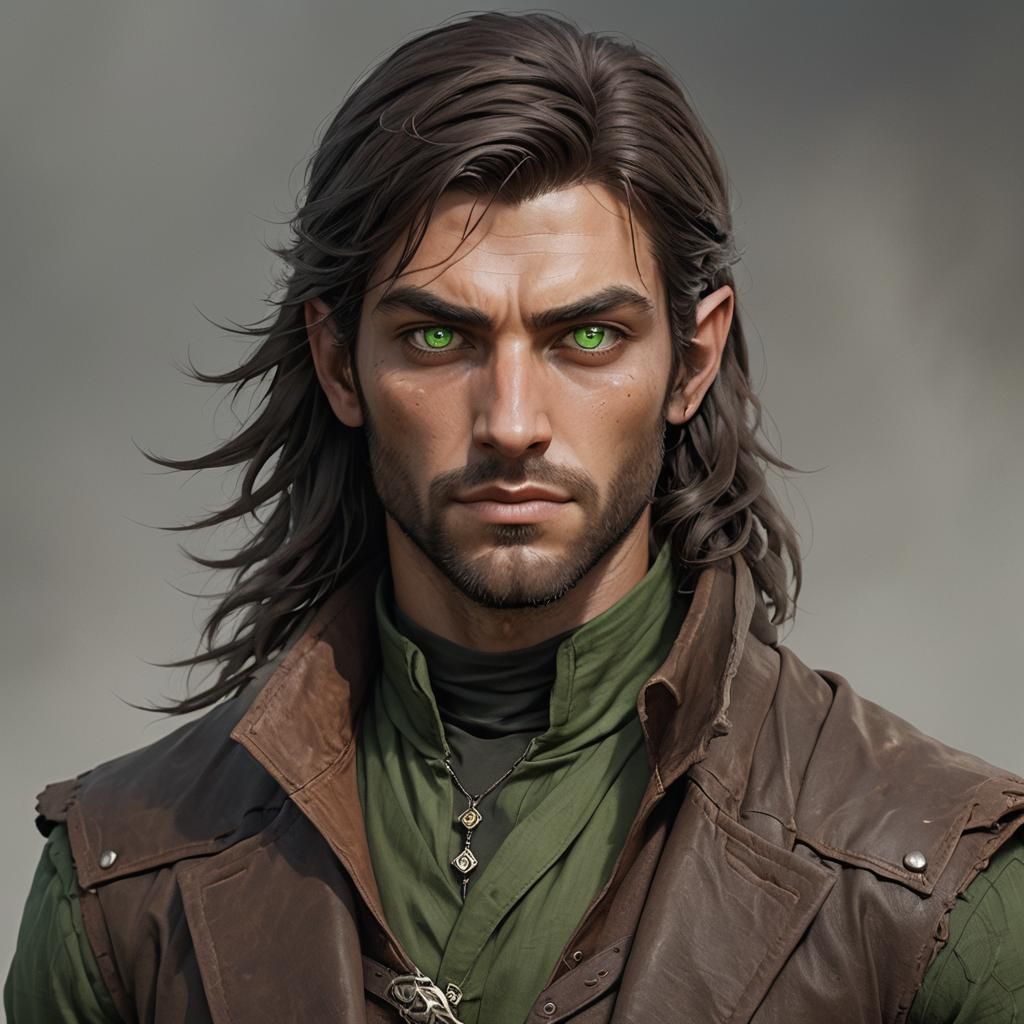 Fantasy NPC Human man with green eyes. Wearing brown clothing. Dark ...