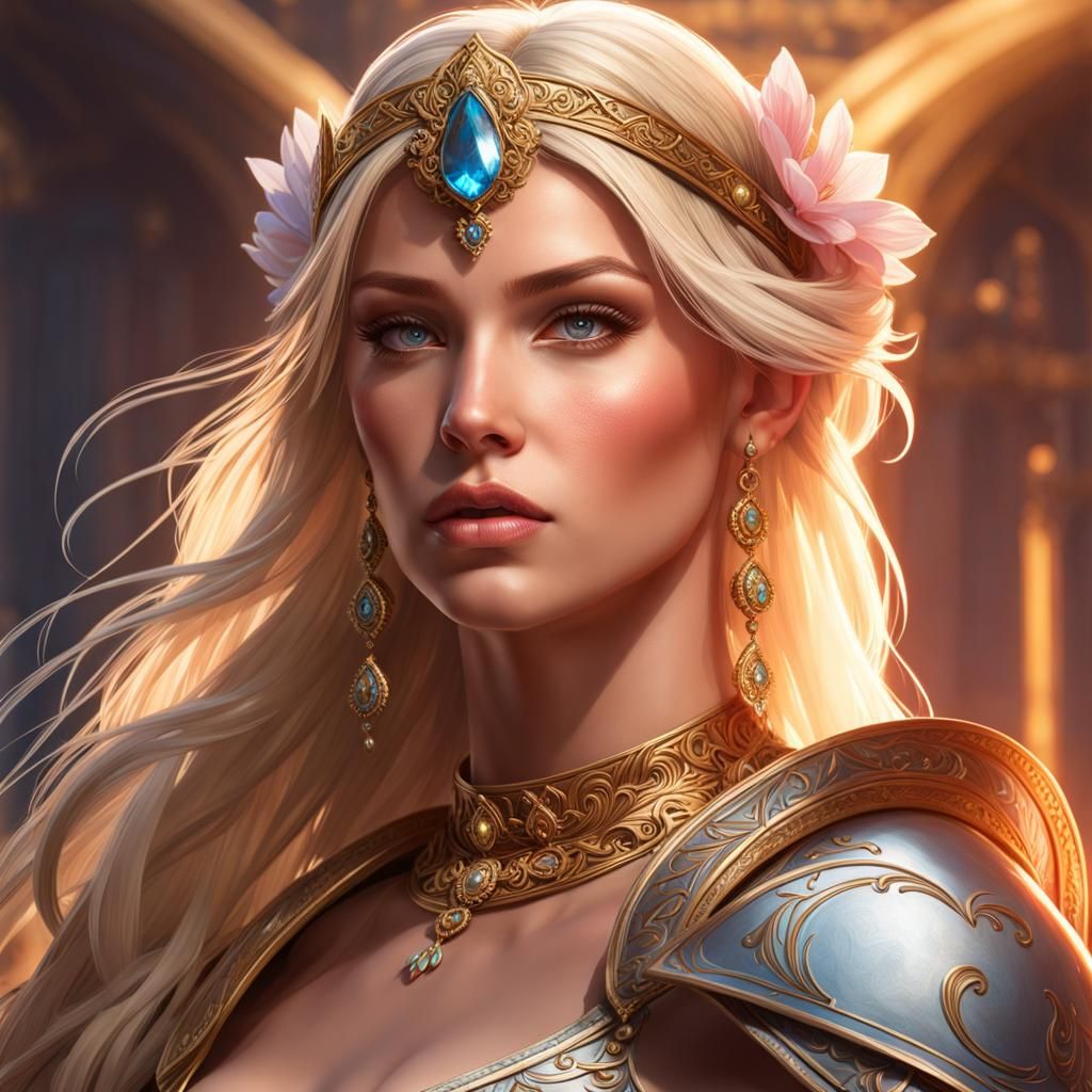 Warrior bride, blond hair, head and shoulders portrait, 8k r...