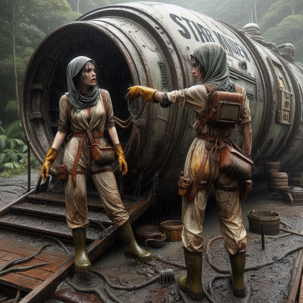 A few tired female workers are cleaning the exit ramp of an ...