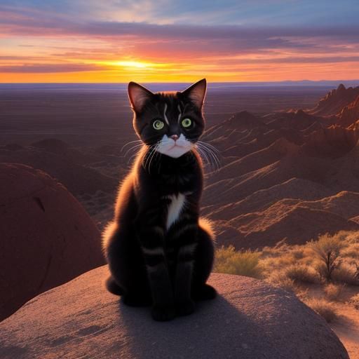 A Grumpy Kitten sitting on a rock, stunning desert sunset. E...