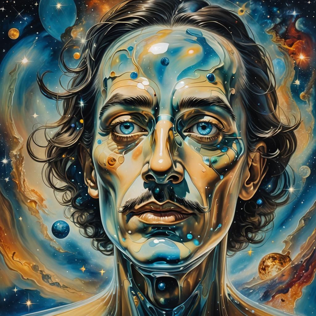 ein Gesicht aus Transluzent glas das im Universum schwebt