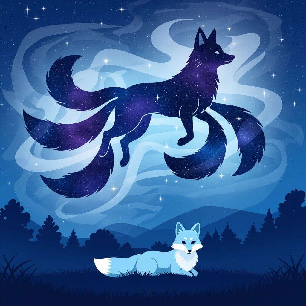 Celestial Foxes in a Fantastical Night Scene