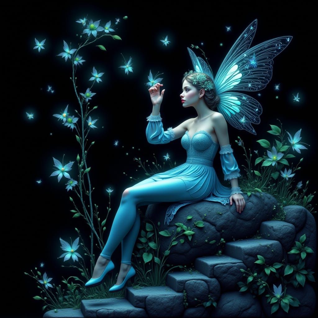 A fairy sits on a stone with a butterfly on her hand