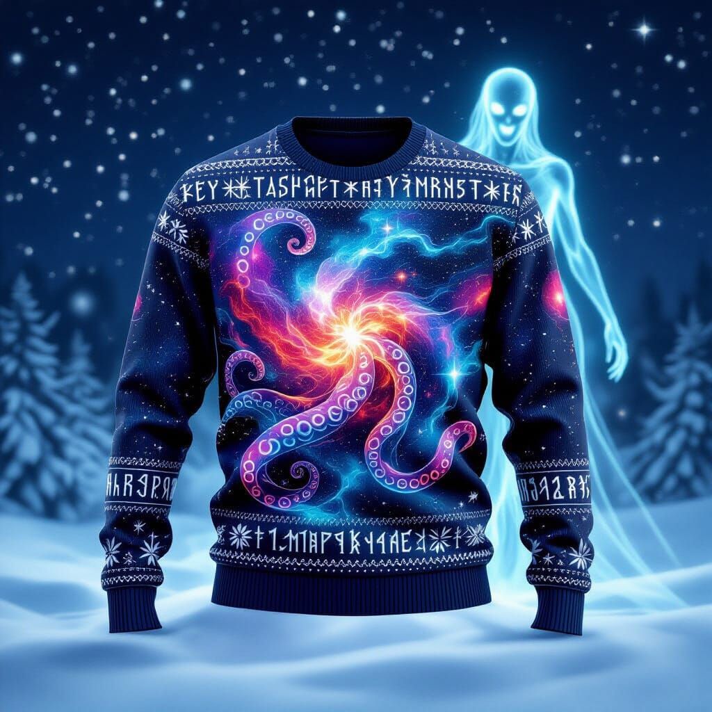 A cosmic horror-themed Christmas sweater, woven from the fabric of spacetime and featuring swirling nebulae, ...  by @Nyther
