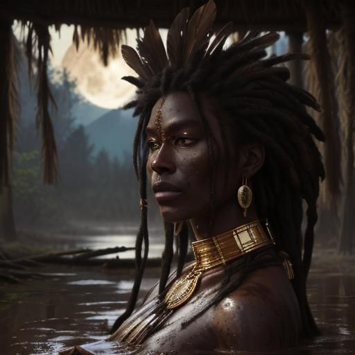 photo of stunning native woman taking bath, mud,  wet dark s...