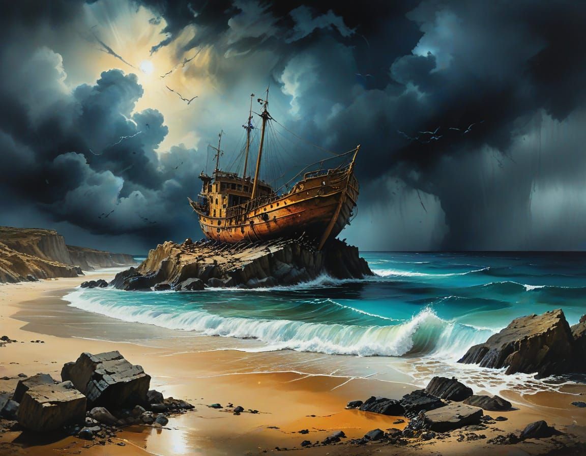 Abandoned and rusty ship on a reef...