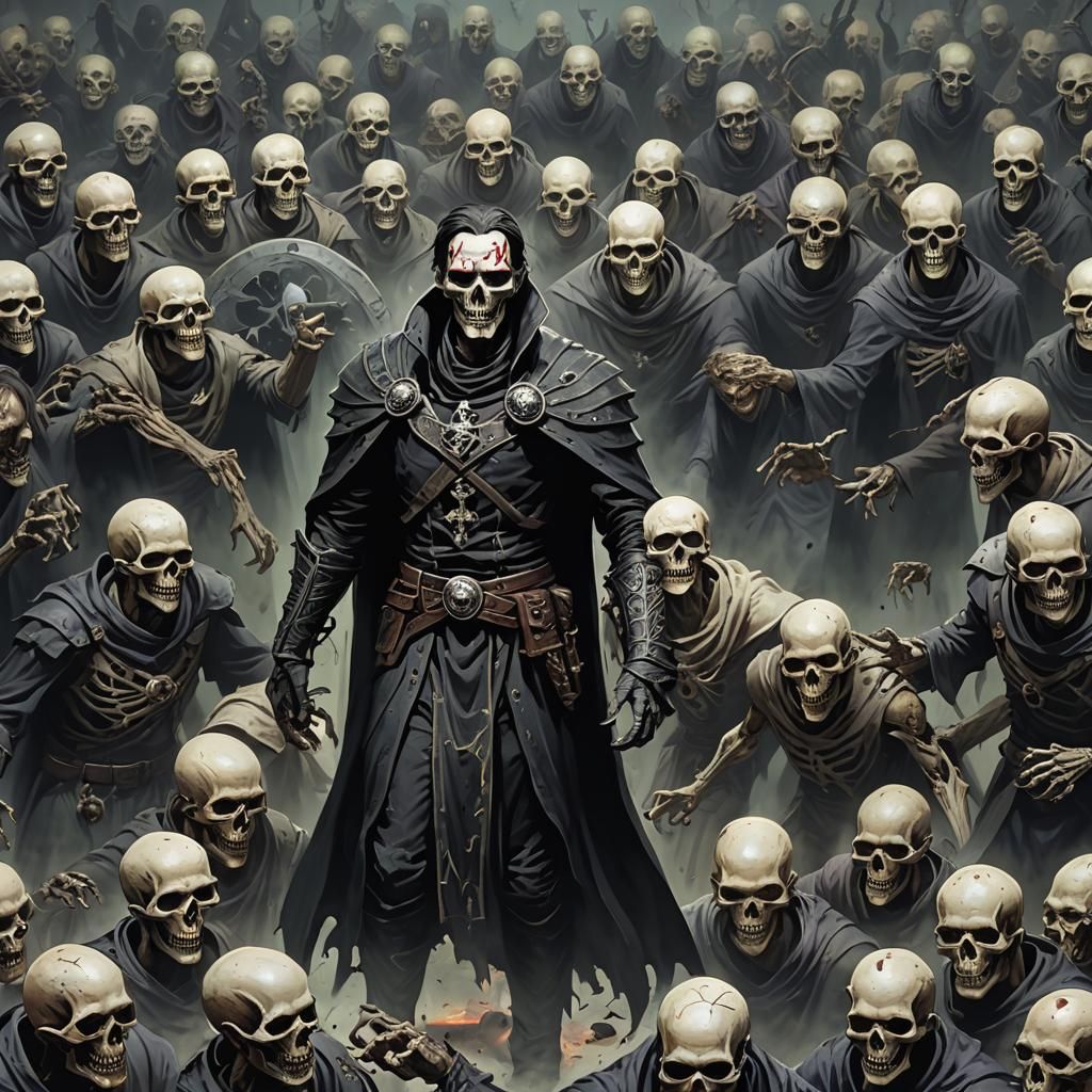 Male Human Necromancer surrounded by undead