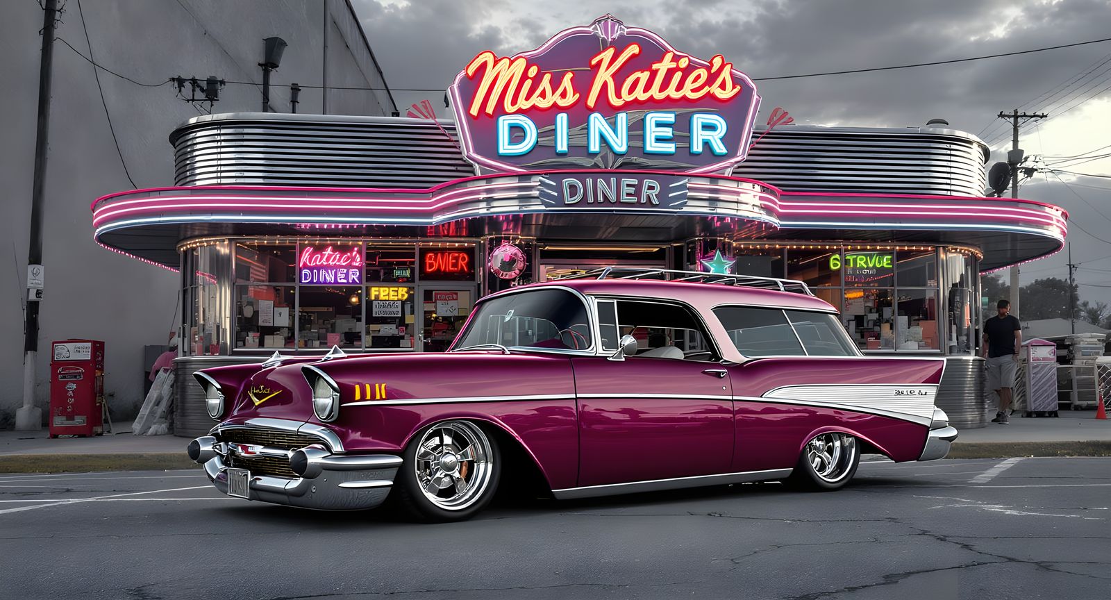 Create a scene outside of a large 1950’s style Diner that has a highly polished Stainless Steel exterior. ...  by @Paul Moll