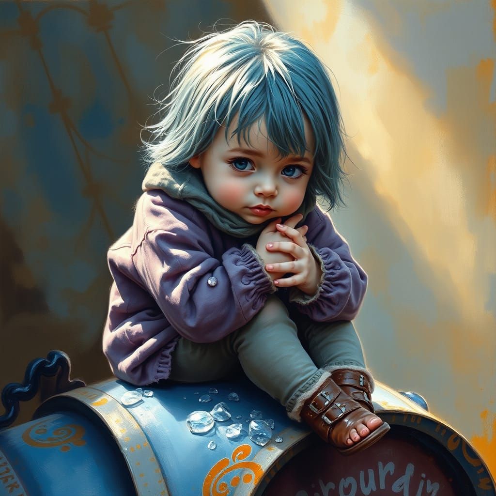 Blue Girl Drying Hair: Oil Painting