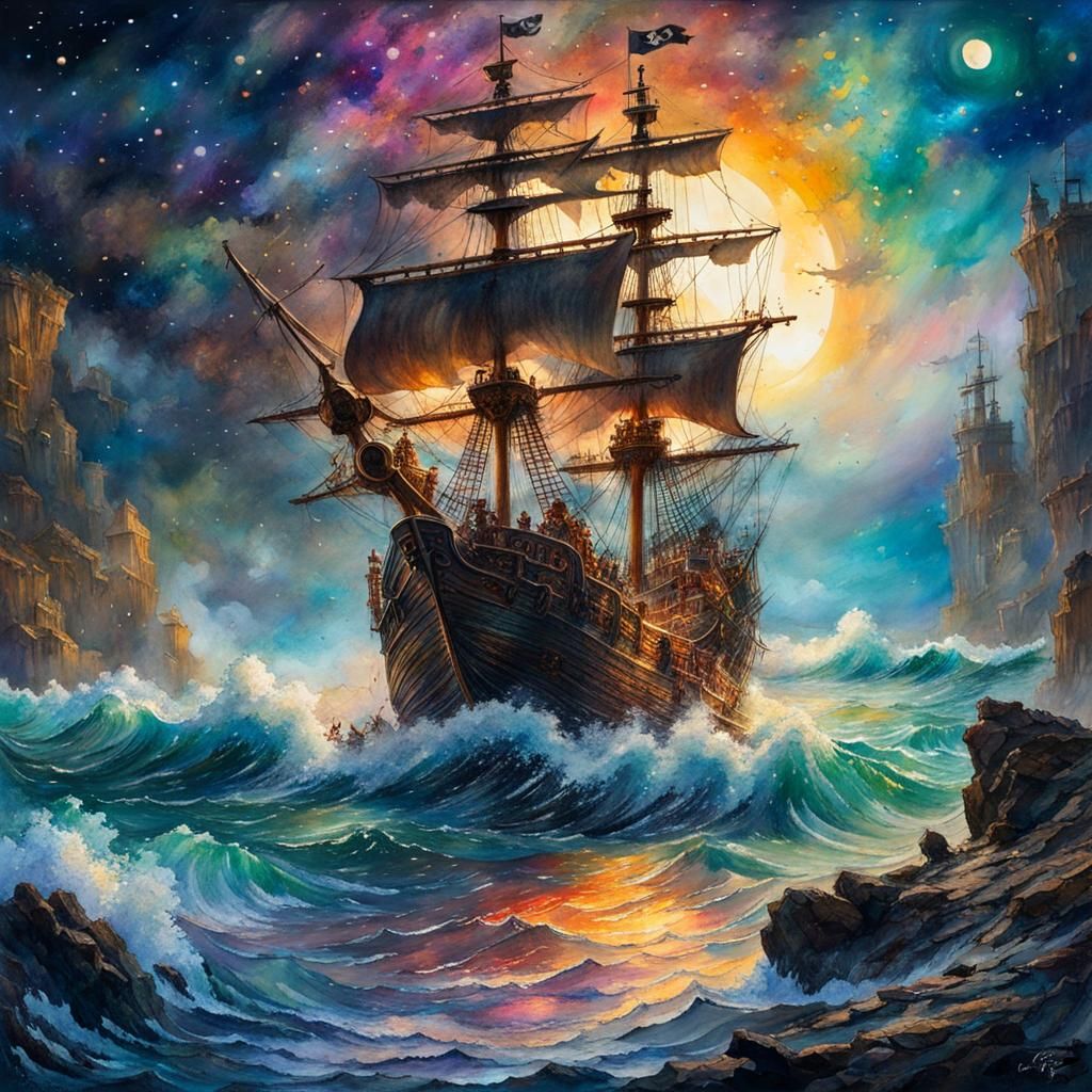 Seascape with a pirate ship