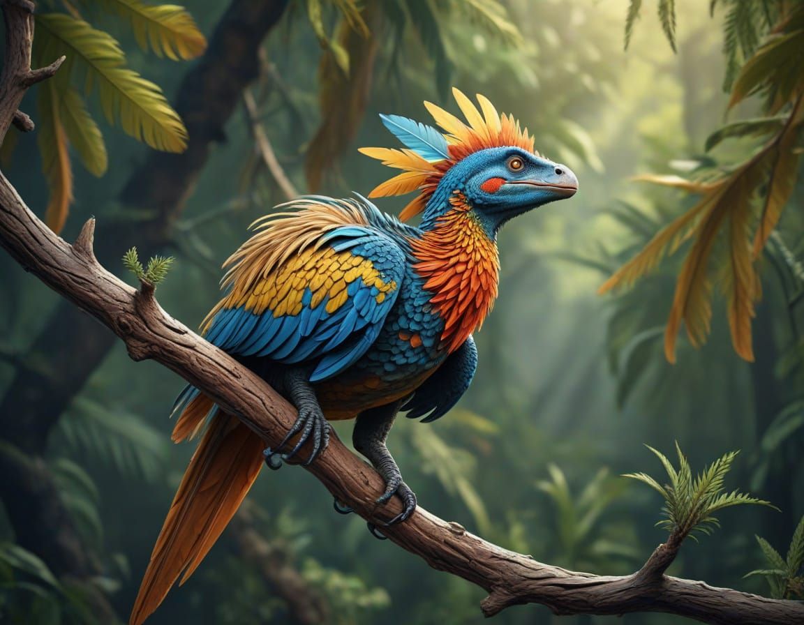 Feathered Dinosaur on a branch. Colorful feathers. Fantastic nature illustration. Meticulous detailed, hyperdetailed 