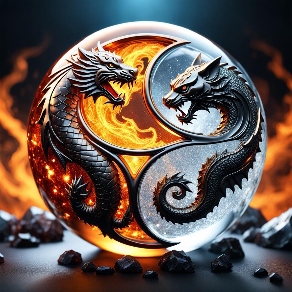 yin yang symbol, metals, two diametral halves, ice + fire, d...