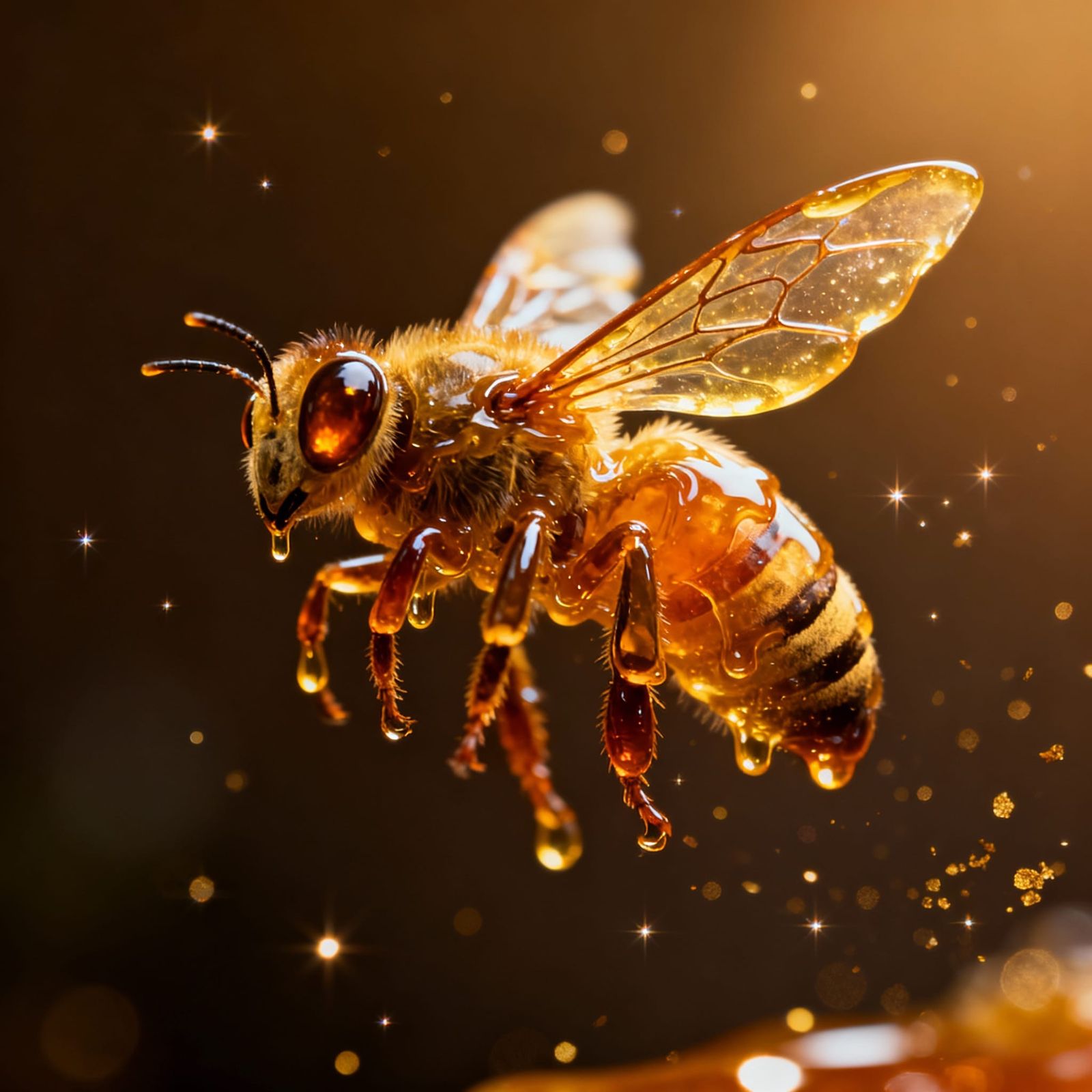 A hyper-realistic honey bee made entirely of thick, golden liquid honey, mid-flight against a dark, warm ...  by @JJackyR