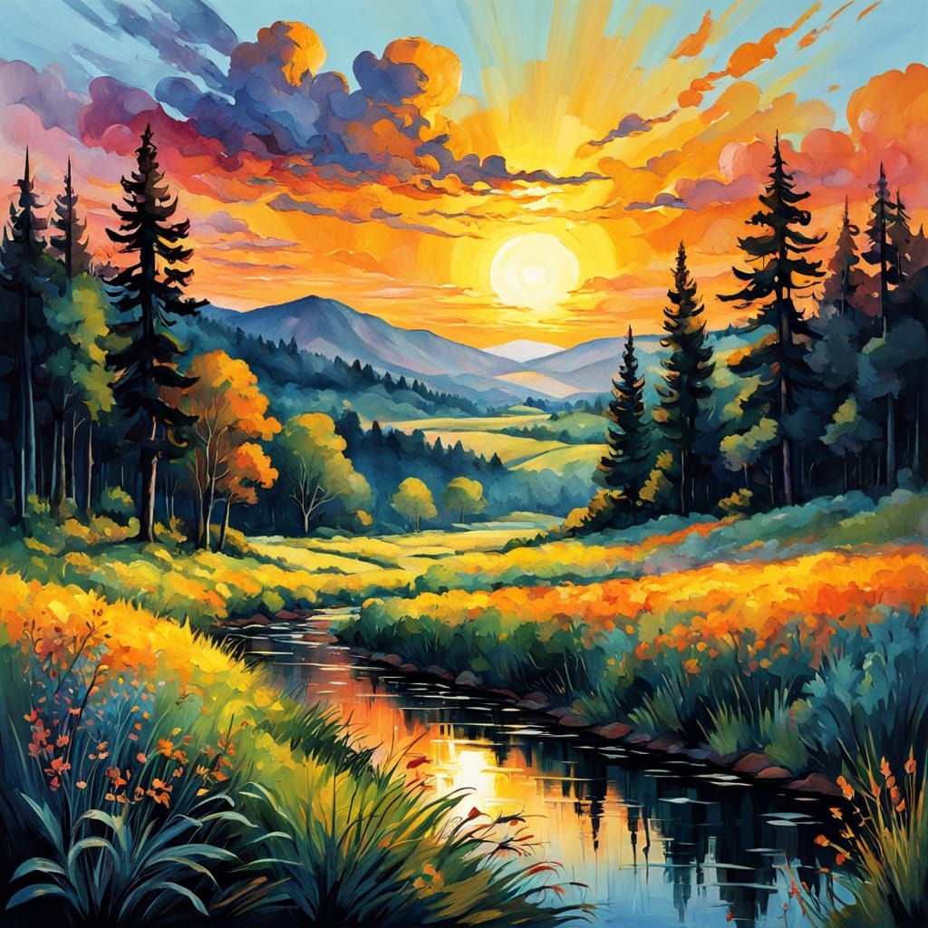 восхитительный пейзаж с красивым красочным закатом, многоплановостью, множеством деталей, которые хочется ...  by @Barsik