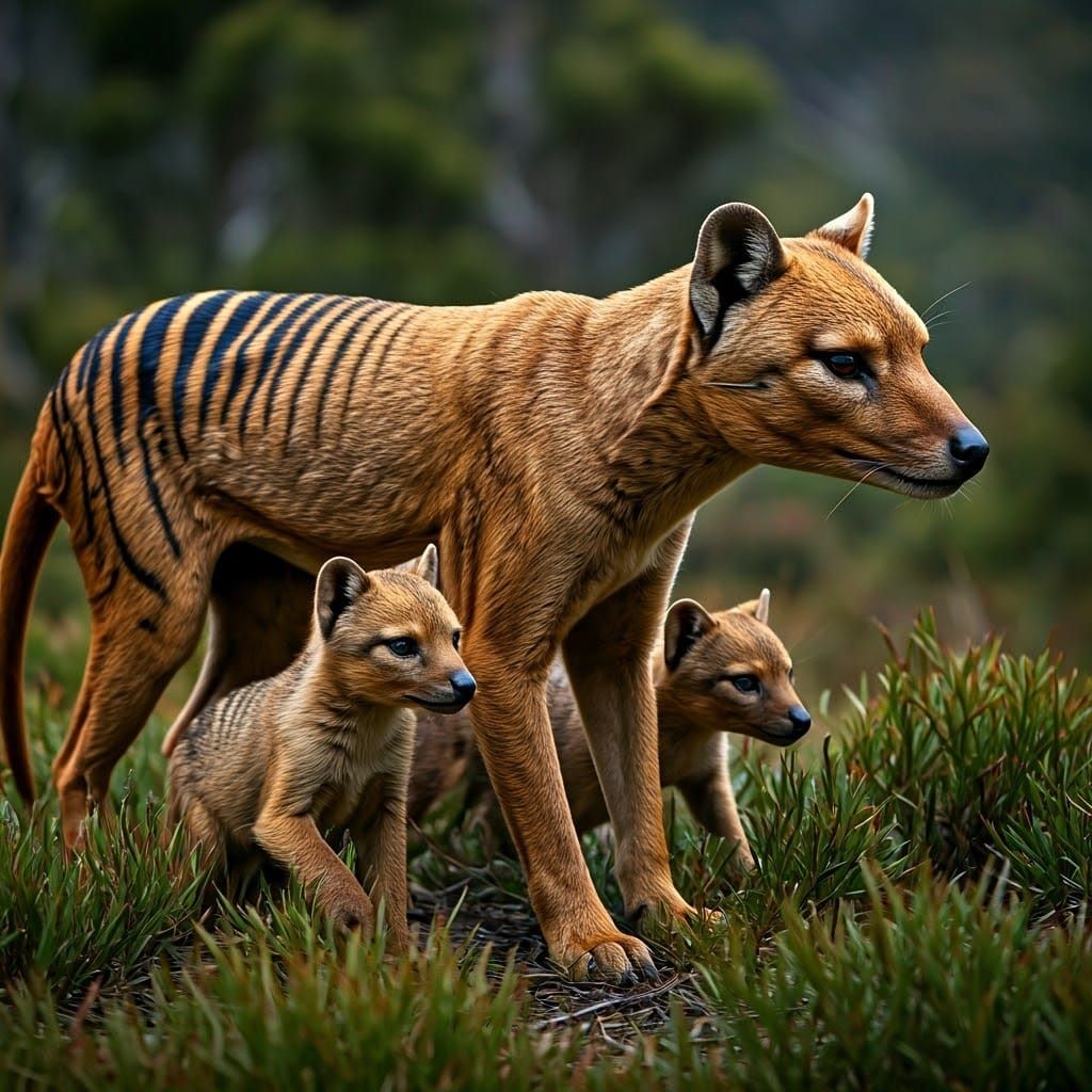 Extinct Tasmanian Tiger with cubs.  by @Mezza