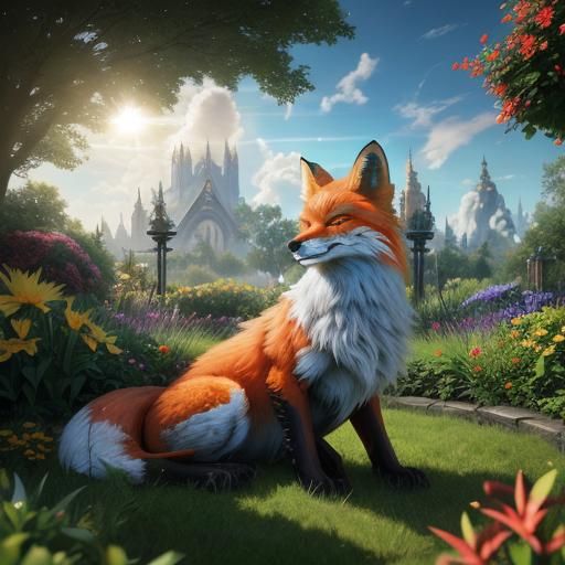 A cyborg fox in a garden. Massive scale and unreal engine. U...