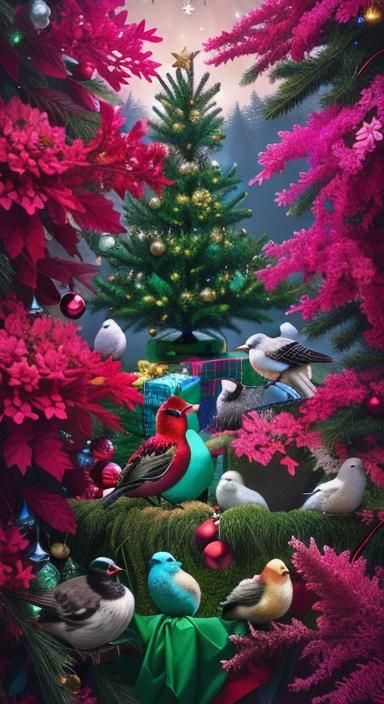 A plethora of Birds and animals decorating a Christmas tree with ornaments from nature, eggs, flowers, vines, moss, hyperdetailed, hyperreal...