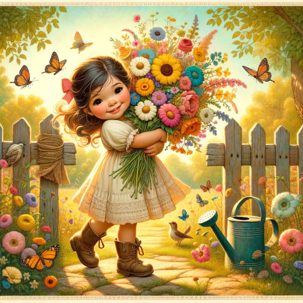 Whimsical Hispanic Girl in Sunny Countryside Garden