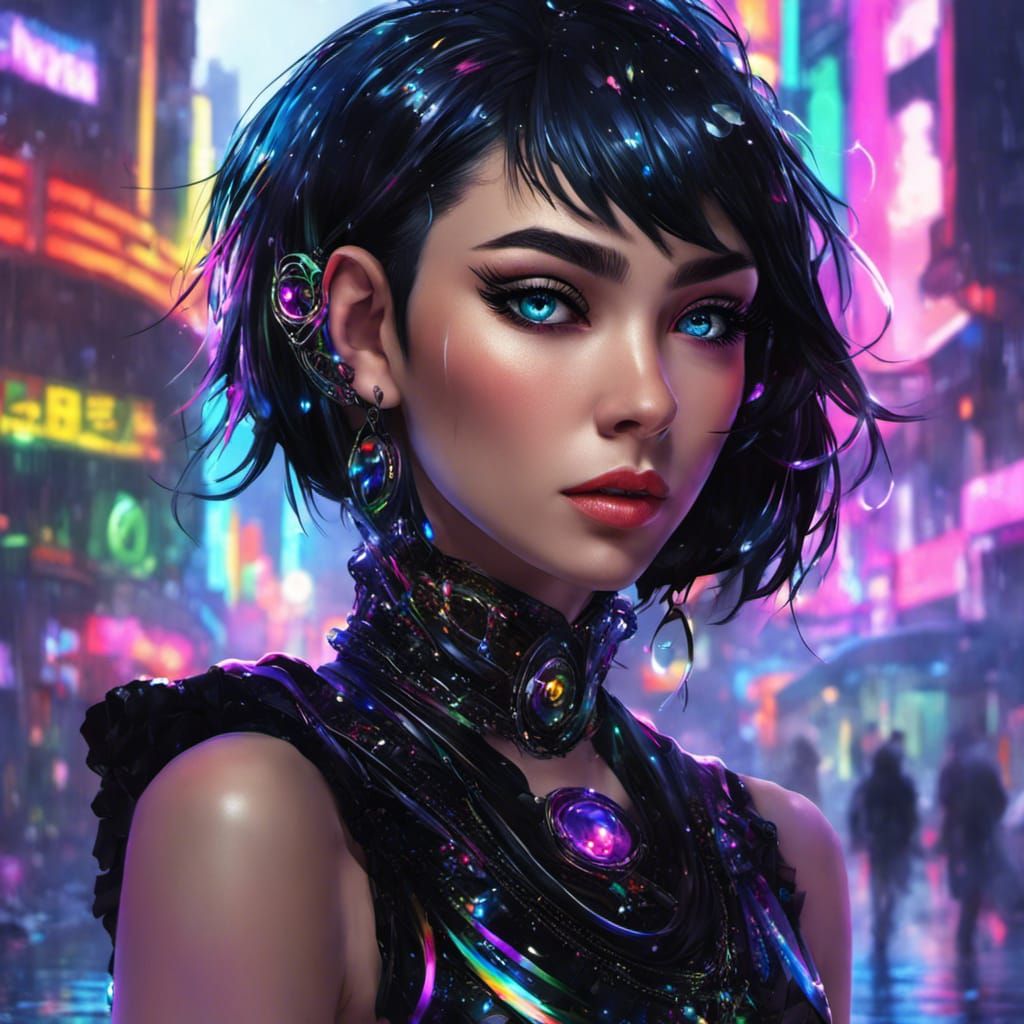 Raver Goth Beautiful Woman, Black Short Hair, Rainbow Multilayered Eyes,  Sharp Eyebrows, Black Filigree Dress, Rain, Neon City, Head And Sho... - AI  Generated Artwork - NightCafe Creator