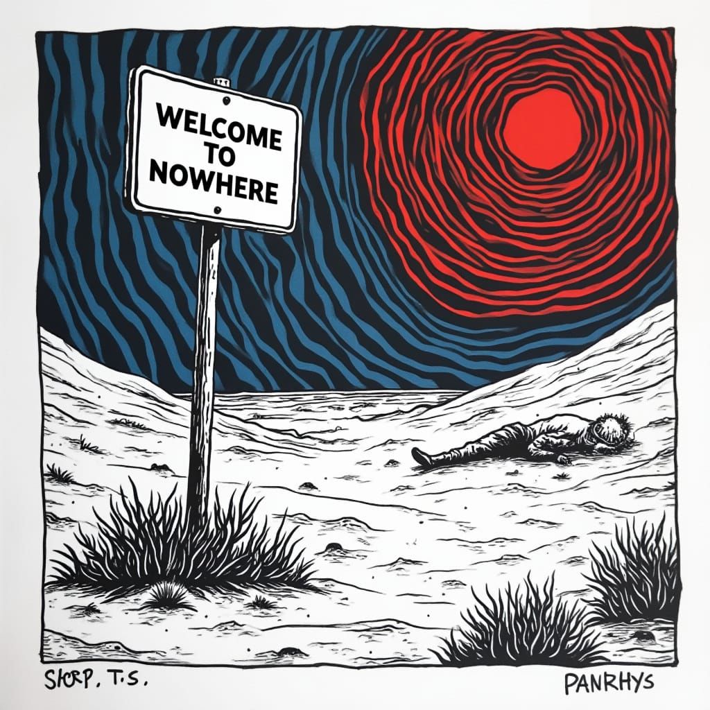 Desolate Post-Apocalyptic Desert Landscape in Op Art Style