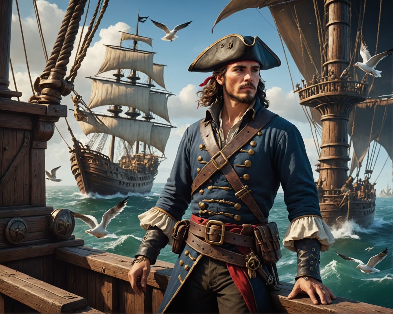Handsome Young pirate captain on old wood ship.
