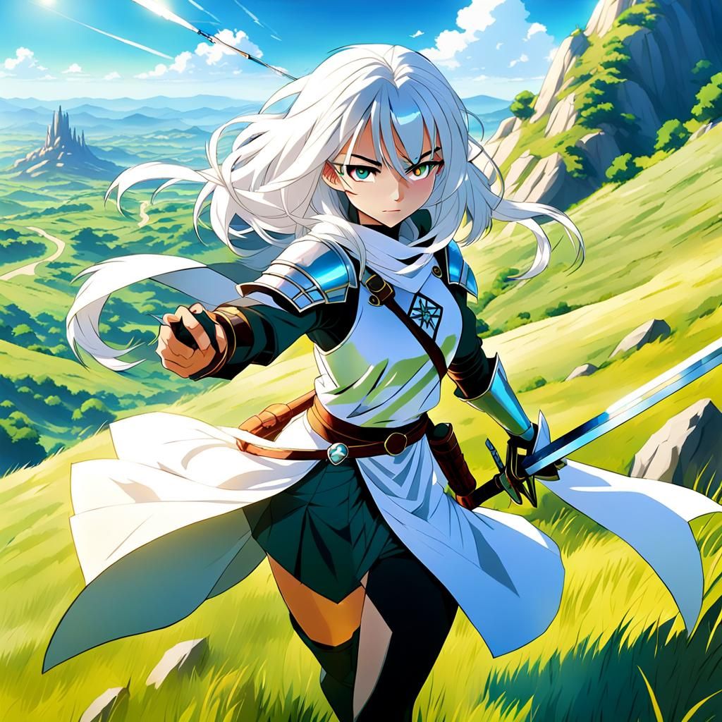 young lady adventurer with white hair wielding a thin sword, she is lightly armoured. sunny afternoon hill background