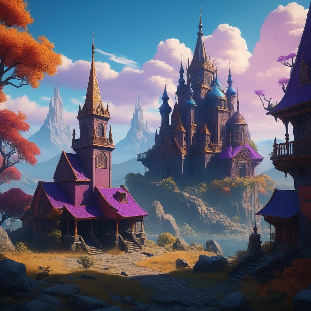 Ethereal Cityscape of Ancient Spires in Deep Blue-Purple Sky