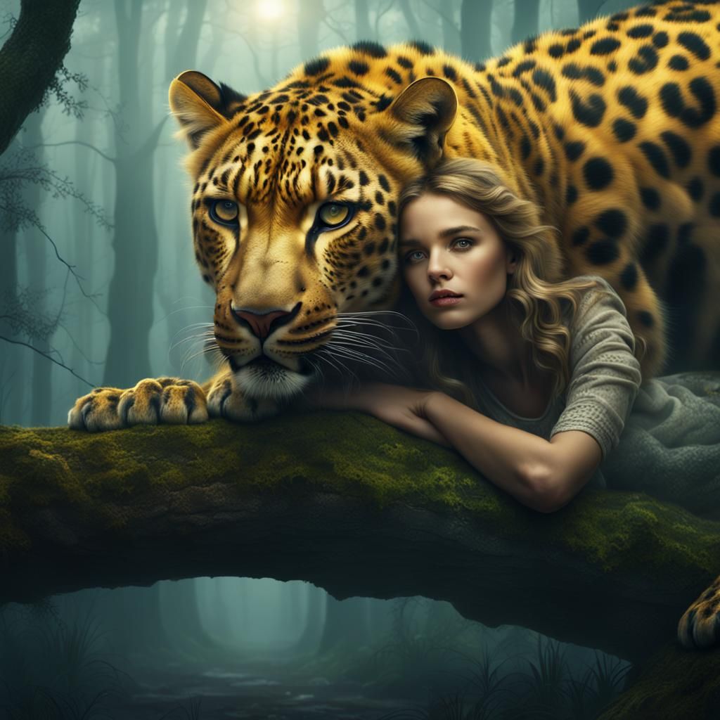 Girl lying on Golden leopard