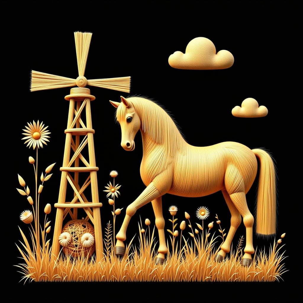 <lora:straw:1.0> straw applique, gold straw on black background, horse near windmill