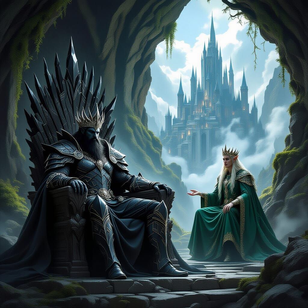 The Stone King ruling from a mountain carved castle, black crystals and smoke surrounding his throne.”Elven king of the enchanted forest, si...