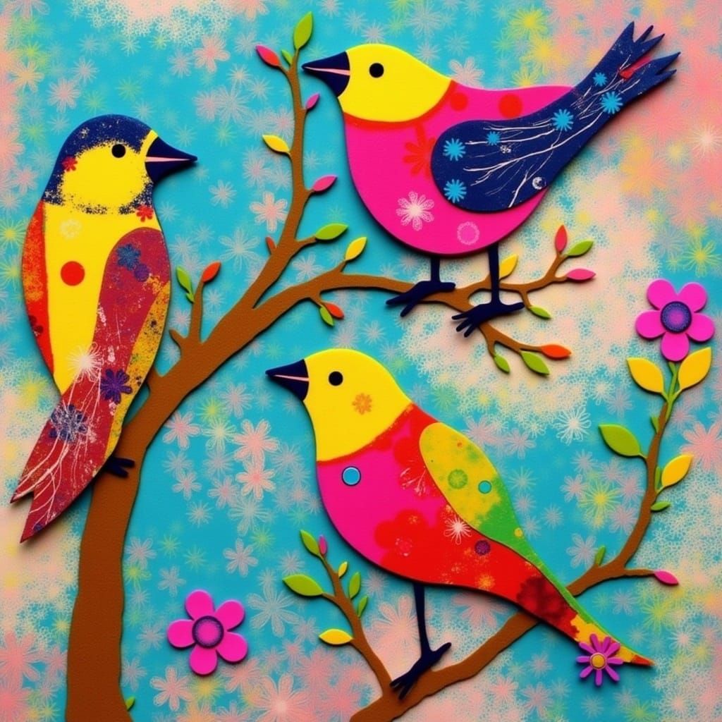 <lora:Gelliprint:1.0> Kristen Robinson, Nancy Baumiller, Teesha Moore Mixed Media   Zetti Collage,Colorful Birds